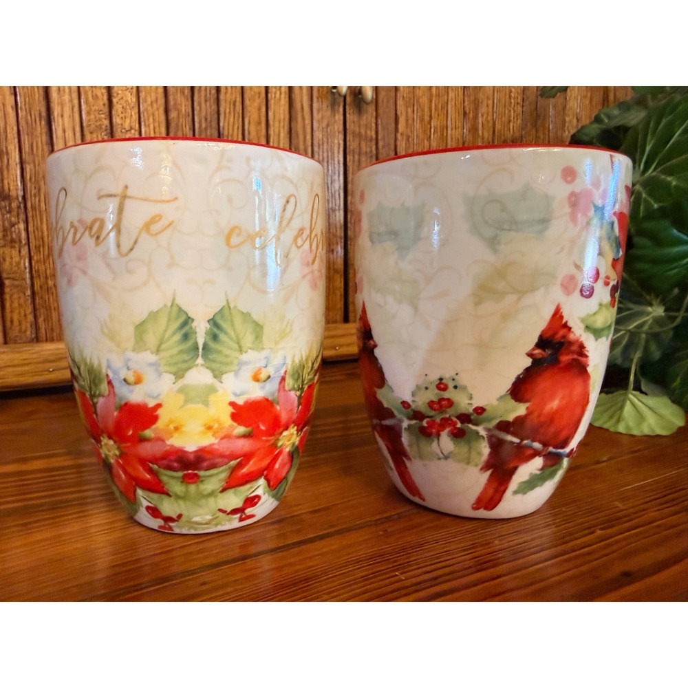 Certified International Coffee Mugs Set 2 Red Cardinal Poinsettia Christmas EX